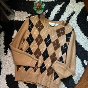 Lizsport Argyle V-Neck Tan Brown Neutral Sweater Large